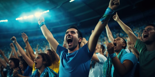 In a soccer stadium lights illuminate the exuberant scene as fans cheer passionately creating an electrifying atmosphere of excitement AI Generative AI