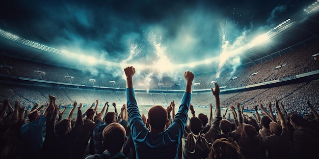 In a soccer stadium lights illuminate the exuberant scene as fans cheer passionately creating an electrifying atmosphere of excitement AI Generative AI