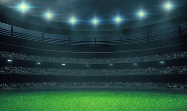 Soccer stadium at night with bright spot lights and green grass field