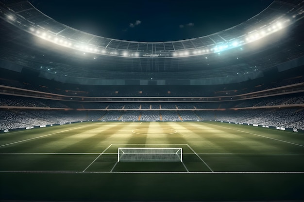 Soccer stadium at night with floodlights and lights