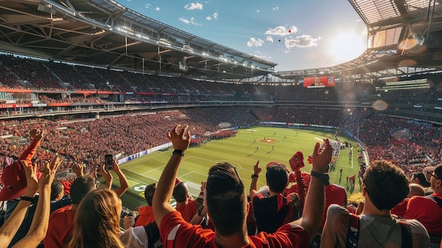 a soccer stadium with fans cheering in the foreground