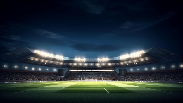 Photo soccer stadium with green grass and blue sky and at night