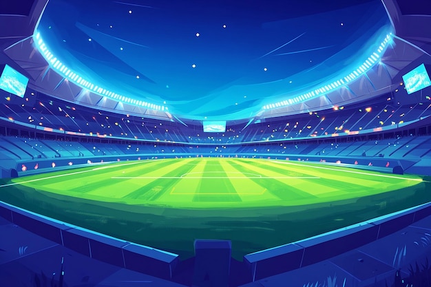 Soccer stadium with illumination green grass and night blurred sky