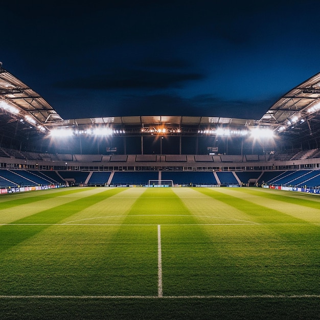 Soccer stadium with illumination green grass and night blurred sky