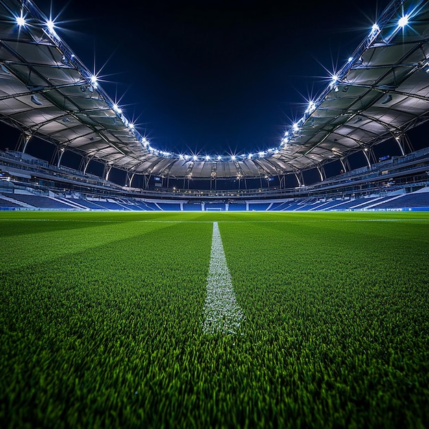 Soccer stadium with illumination green grass and night blurred sky