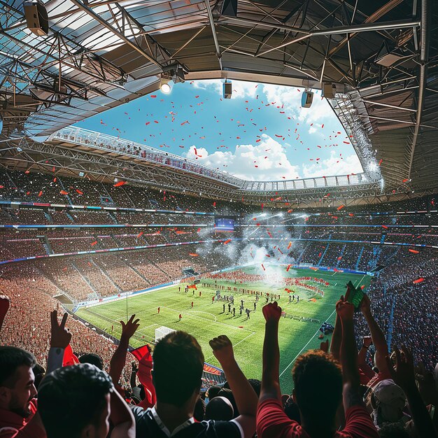 Photo a soccer stadium with a soccer field and a crowd of people in the stands