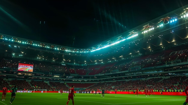 a soccer stadium with a soccer field and a soccer field with a red banner in the background