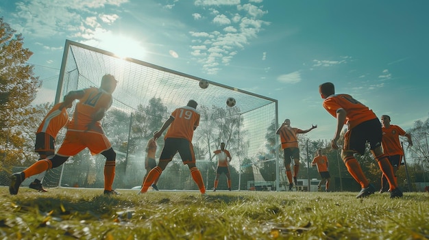 Soccer team in an intense match as player scores a goal and goalkeeper makes a crucial save