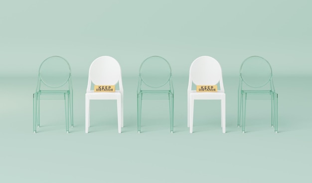 Social distancing concept illustration with chair space between on pastel green background 3d render