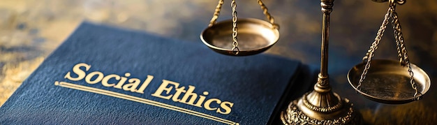 Photo social ethics book with scales symbolizes justice and morality