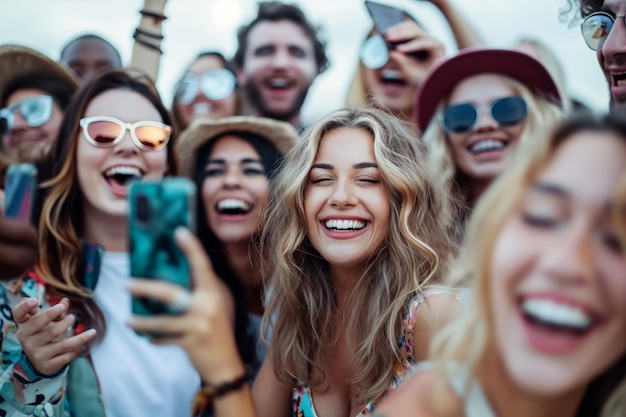 Social Media Day A group of people celebrating and taking a selfie smiling with their phones