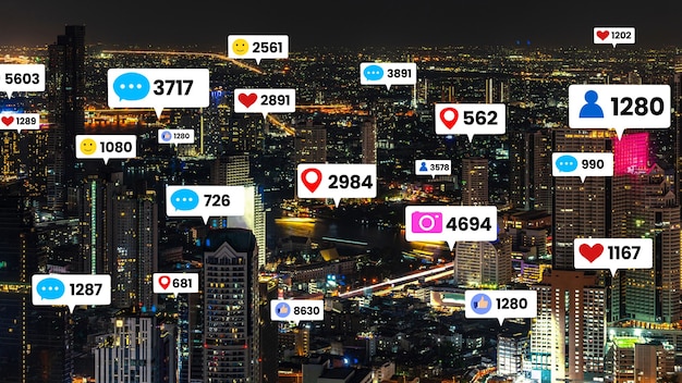 Social media engagement fly over city