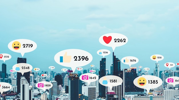 Social media icons fly over city downtown showing people reciprocity connection