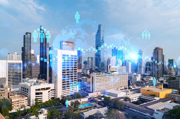 Social media icons hologram over panorama city view of Bangkok Asia The concept of people networking and connections Double exposure