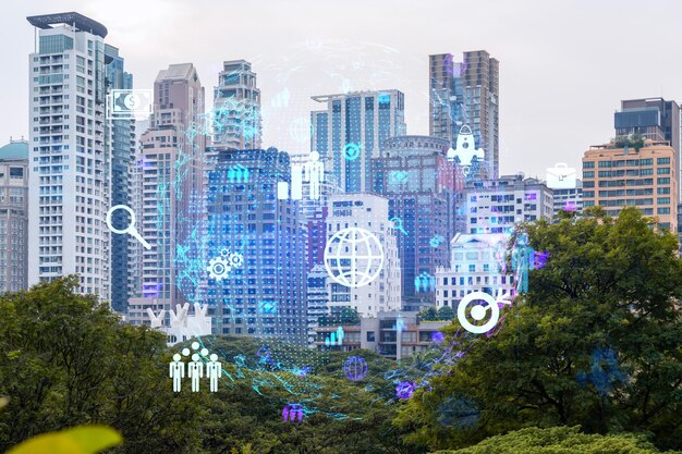 Social media icons hologram over panorama city view of Bangkok Asia The concept of people networking and connections Double exposure