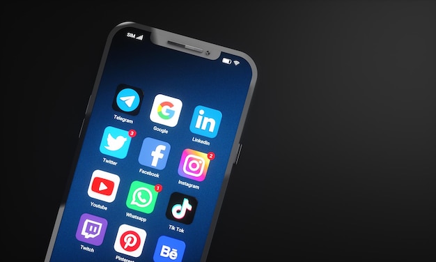 Social media icons and logos on mobile phone screen background for social marketing and networking