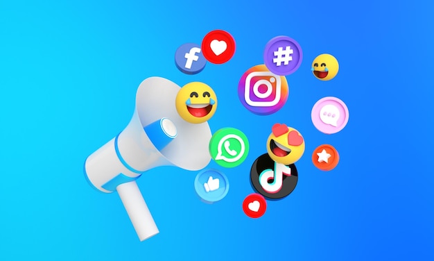 Social media icons and logos with 3d megaphone for digital and social media marketing background