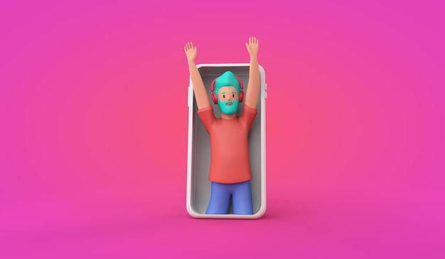 Social media influencer cartoon character person standing inside a smartphone d render