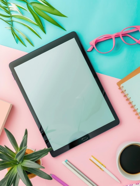 A social media post mockup on a tablet screen lying on a pastelcolored desk