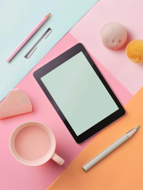 A social media post mockup on a tablet screen lying on a pastelcolored desk