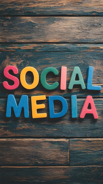 Photo social media spelled in colorful foam letters on rustic wood playful and textured