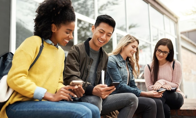 Social media university and students with a phone for communication reading chat