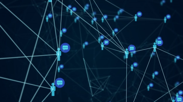 Social network connection people with molecule structure blue color black background.