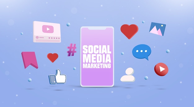 Social network icons with a smartphone social media marketing concept 3d