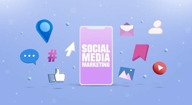 Social network icons with a smartphone social media marketing concept 3d