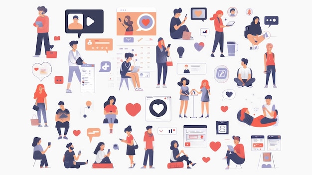 Social network illustrations Collection of different scenes and situations Trendy vector style