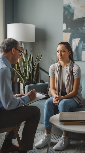 Photo social worker psychologist talking to young woman in office women sitting on couch counselor making