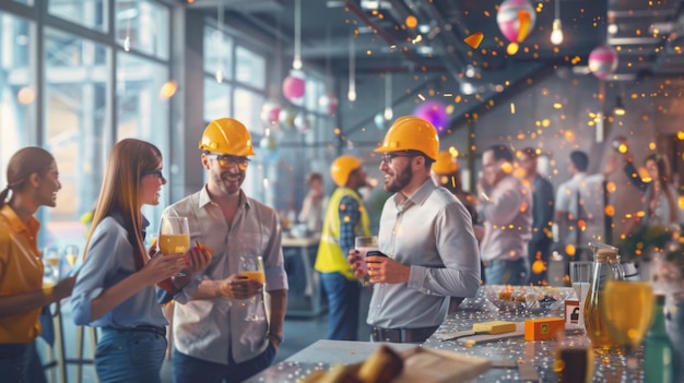 Socializing Construction Workers at a Festive Office Party with Drinks and Balloons