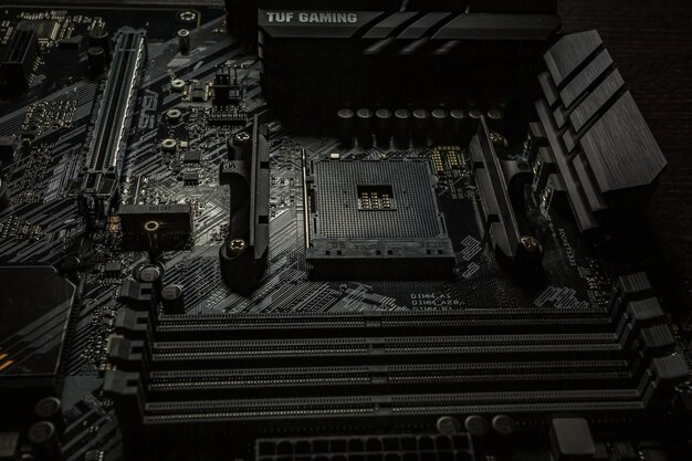 Socket am4 for amd processor on black motherboard asus tuf gaming on the new b550 chipset