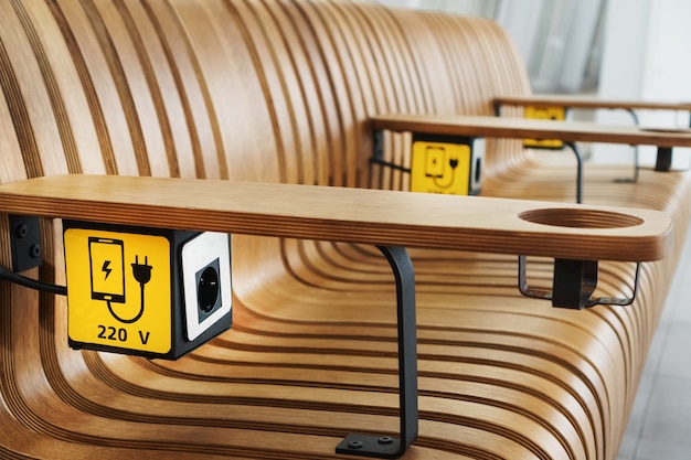 A socket with a device charging sign on a wooden bench at the airport.