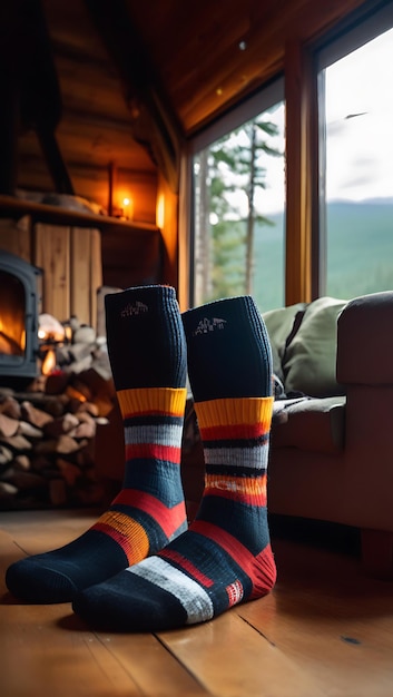 Photo socks worn at cozy cabin getaway