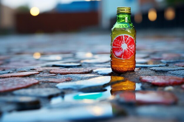 Photo soda bottle cap on a colorful sidewalk yummy delicious cold drinks