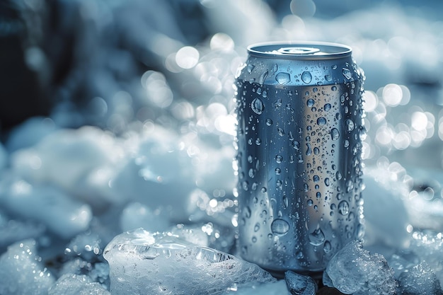 Photo soda can mock up template aluminum soda can on ice rocks close up shot product advertisement photo