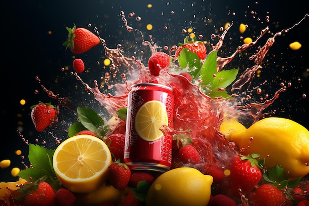 Soda can with splash and fruits lemon and strawberry mockup