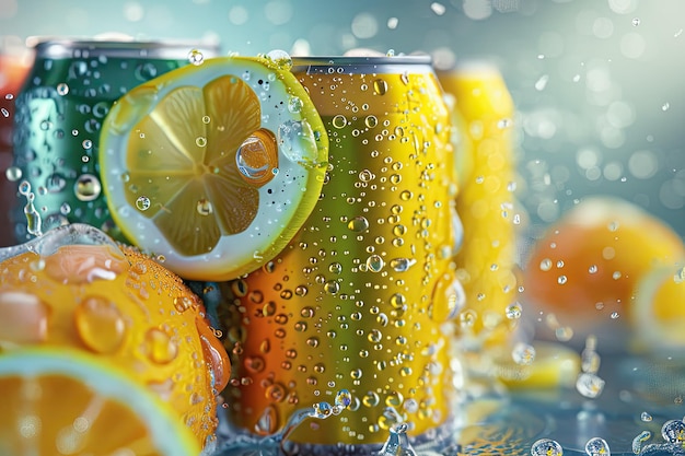 Photo soda drink with lemon and aluminium cans