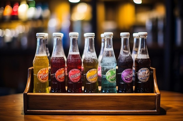 Photo soda in a handcrafted wooden holder yummy delicious cold drinks