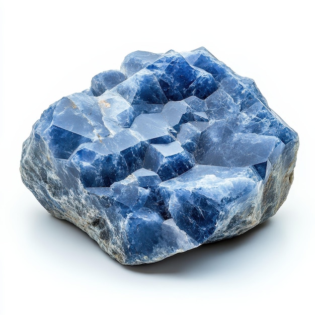 Photo sodalite mineral specimen with unique blue crystals on a white background