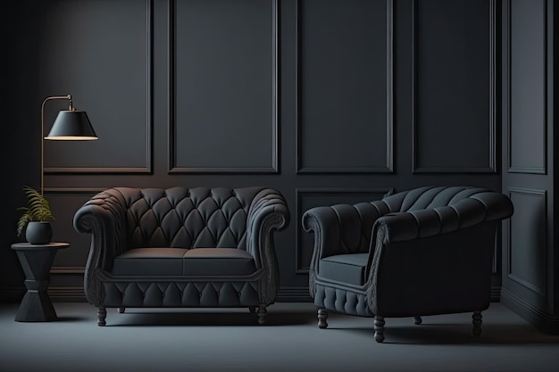 A sofa and an armchair are in the room against a background of an empty black wall