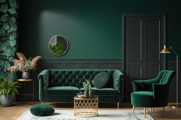 Sofa and armchair in a bright room with a dark green wall serving as a backdrop