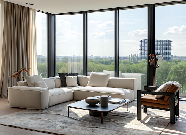 Sofa armchair and coffee table in a spacious living room with floor to ceiling windows