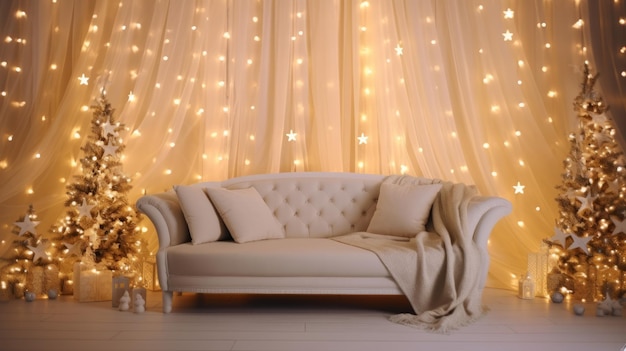 Sofa in a Beautiful Studio Christmas Background with Lights