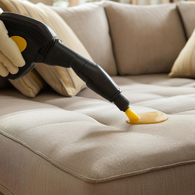 A sofa being vacuumed and spotcleaned with a cleaning solution