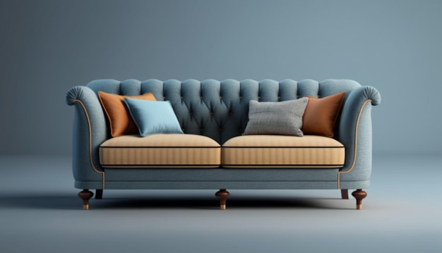 A sofa in a blue room with a blue wall and a brown pillow on it.