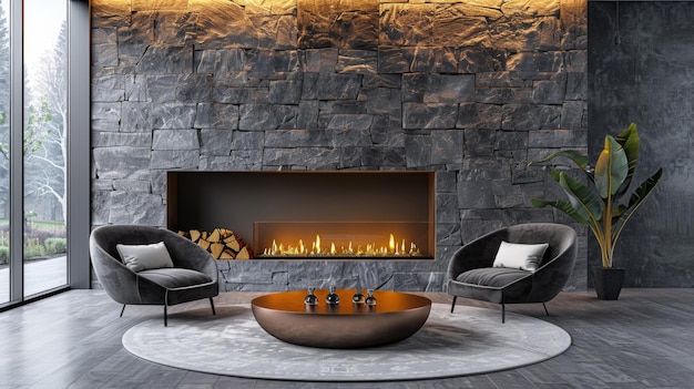 Sofa and chair in room with fireplace and stone walls Modern Living Room Mid Century Home Interior Design