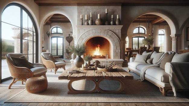 Between the sofa and chairs facing the fireplace and arched windows is a rustic coffee table