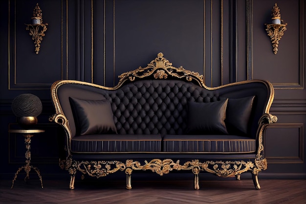 A sofa in a dark room with gold and black wallpaper.